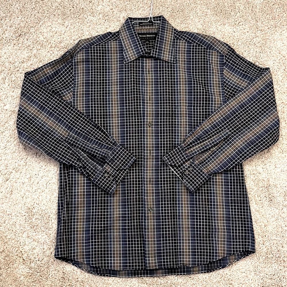 Long sleeve button down casual shirt. Large. Blue and tan.